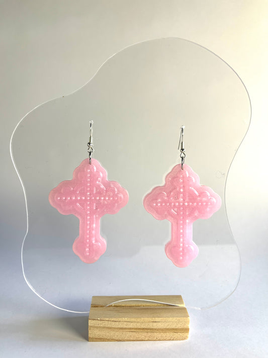 Don’t be Jelly - Pink Ornate Cross Earrings